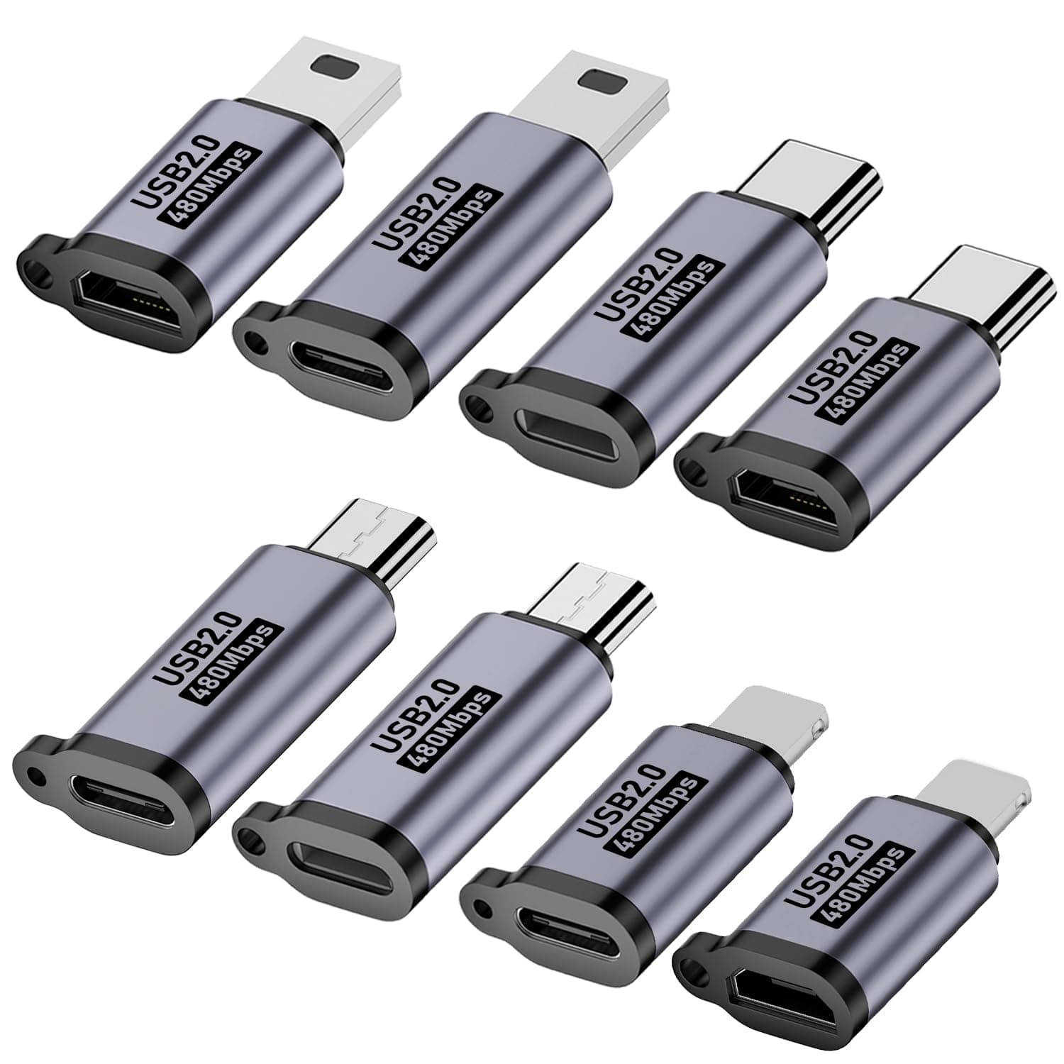 USB C to Micro USB/Mini USB/Lighting Adapter, Light-ning to USB C/Micro USB Converter, Micro USB 2.0 to Type C/Lighting/Mini USB Connector (8 Pack)